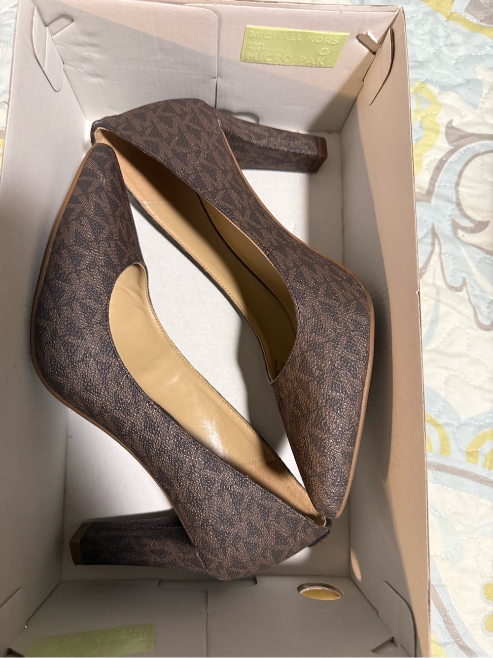 Michael Kors Brown Signature Logo Pointed Pumps with Block Heel